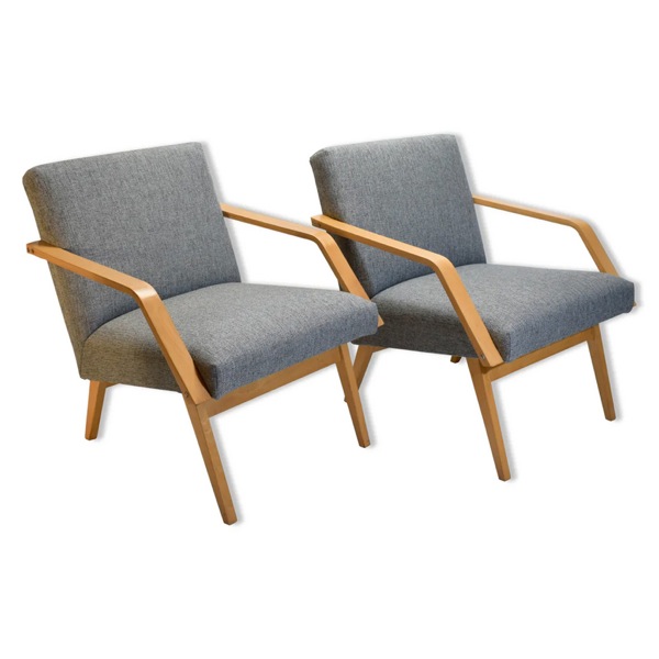 1 fauteuil, gris chiné, design original 1950, chauffeuse, restauré